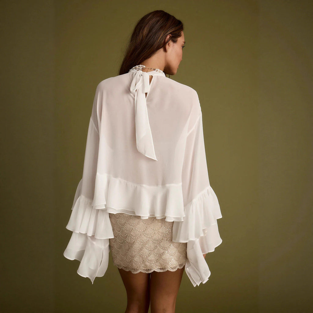 The Elara Tiered Ruffle Sheer Mesh Long Sleeve Top