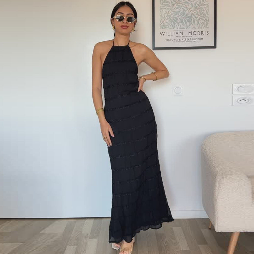 The Elara Tiered Crinkle Halter Maxi Dress