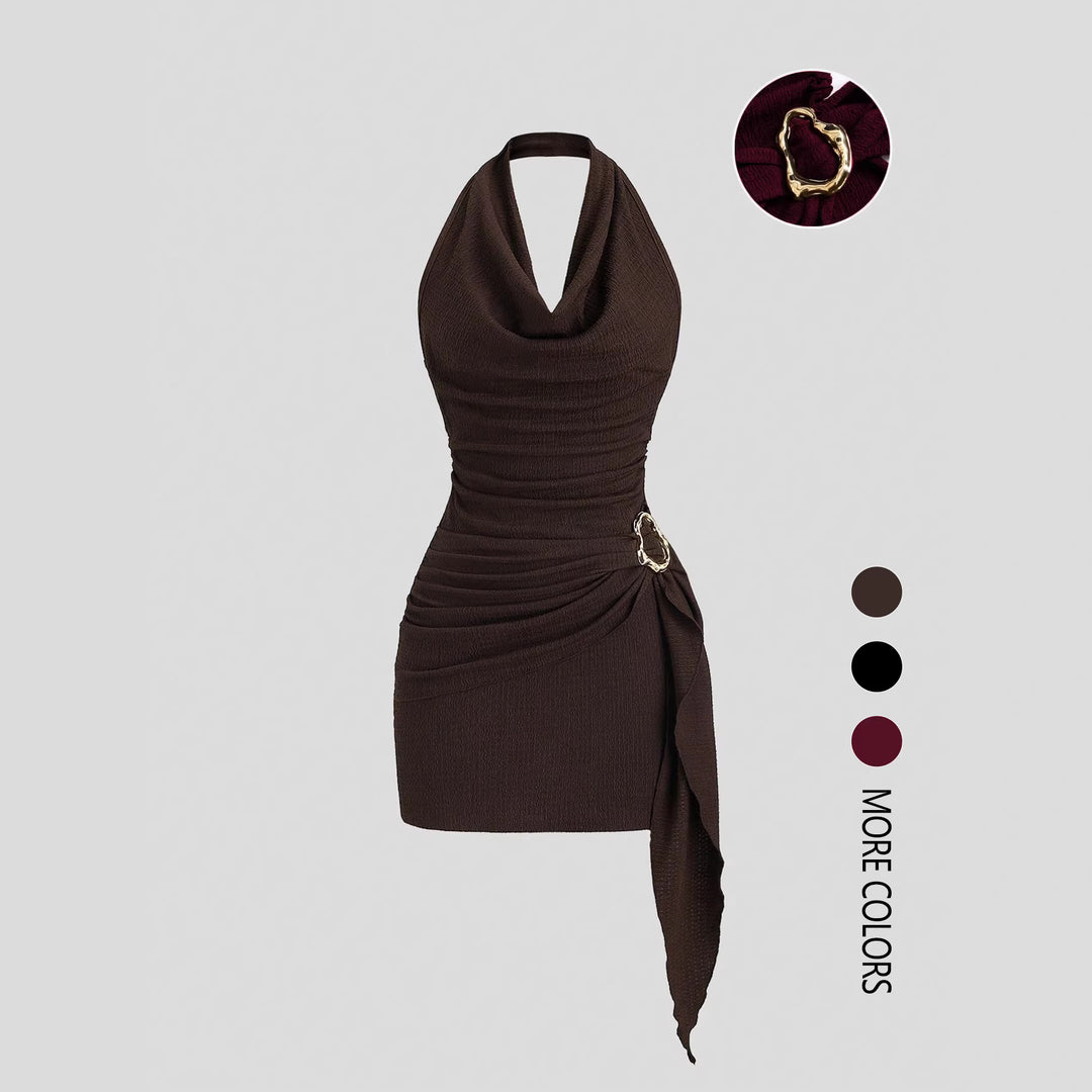 The Elara Cowl Neck Side Tie Mini Dress with Gold Buckle