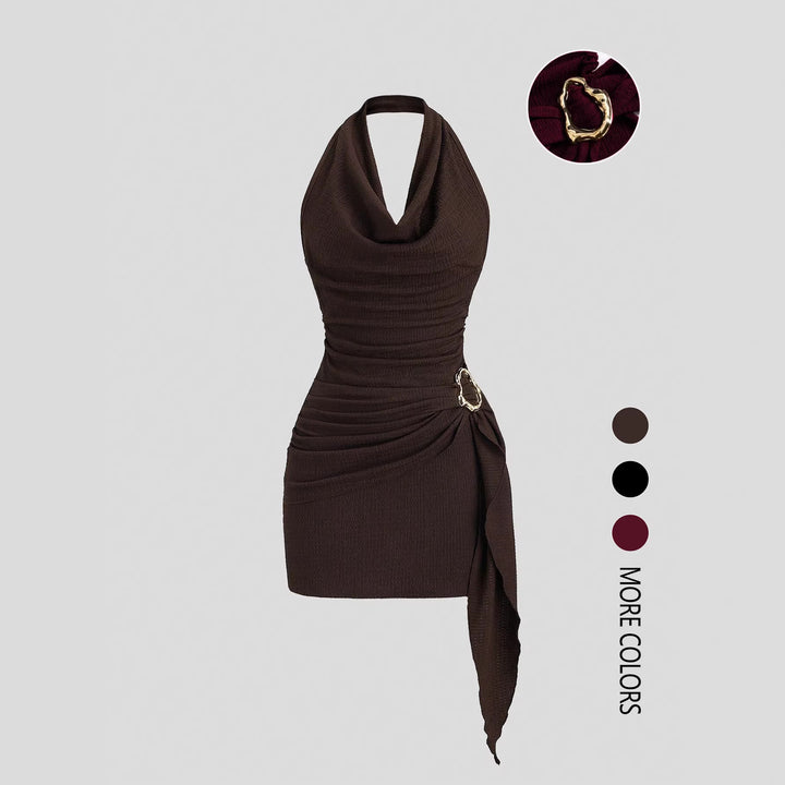 The Elara Cowl Neck Side Tie Mini Dress with Gold Buckle