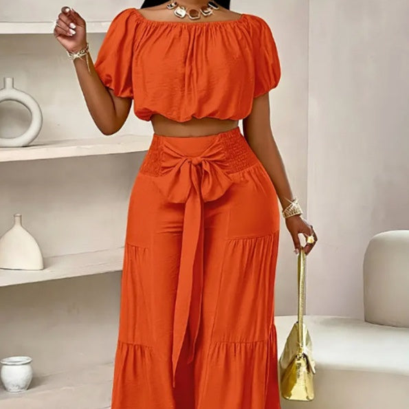 The Elara Off-Shoulder Tiered Wide-Leg Set