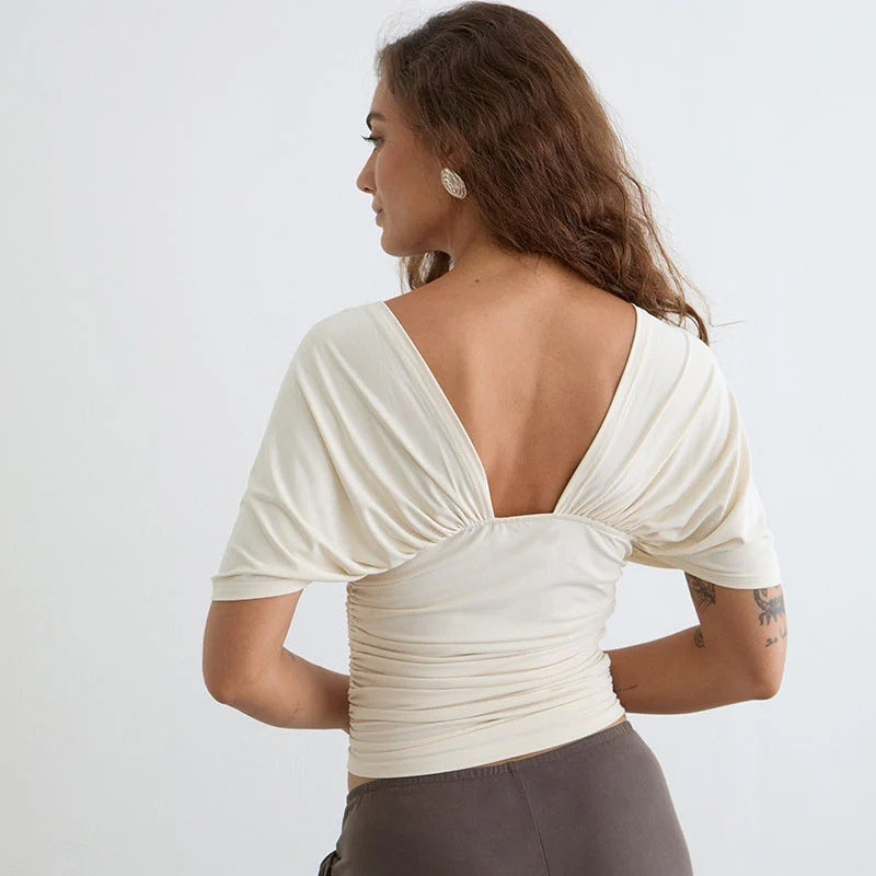 The Elara Draped Batwing V-Neck Blouse