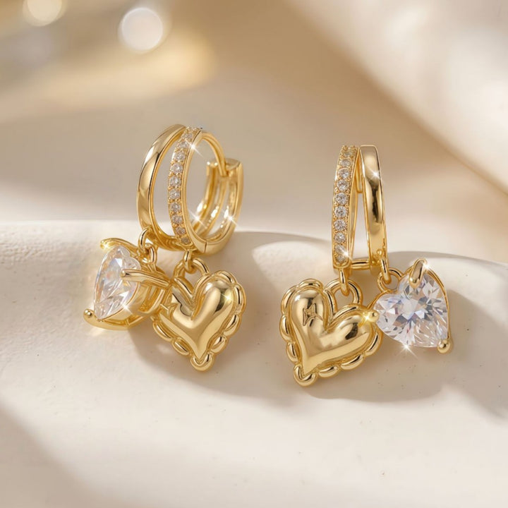 Heart-Charm Zircon Hoop Earrings