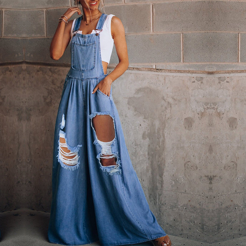 The Elara Distressed Wide-Leg Denim Overalls