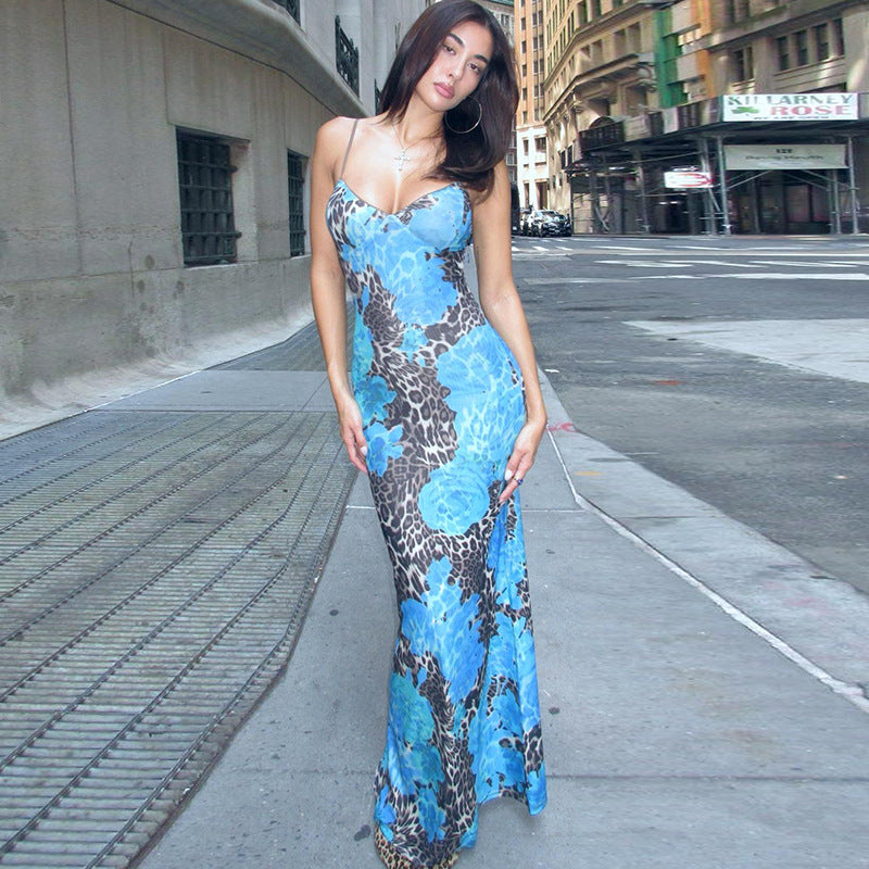 The Elara Blue Rose Leopard  Maxi Dress