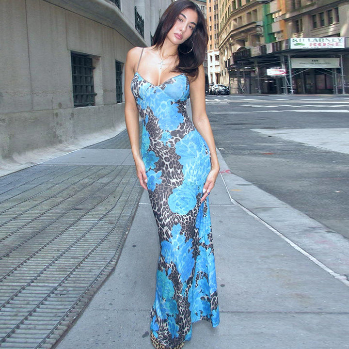 The Elara Blue Rose Leopard  Maxi Dress