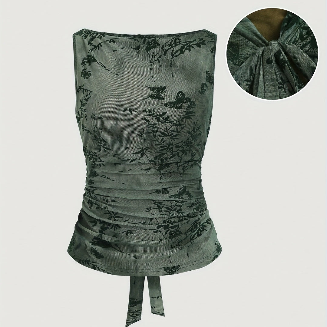 The Elara Boat Neck Floral Ruched Top