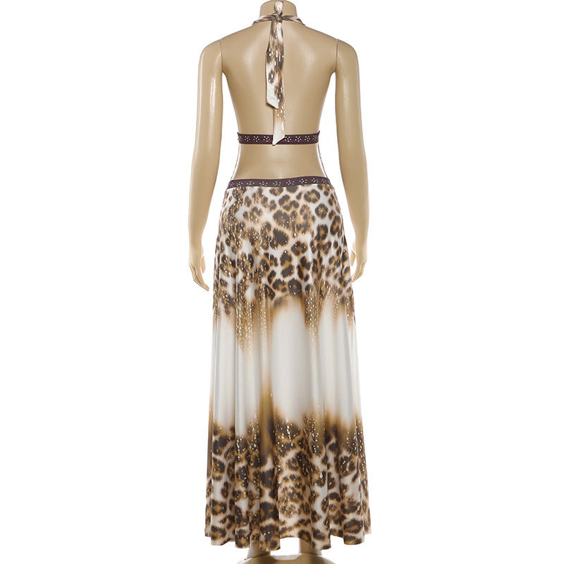 The Elara Leopard Halter Backless Maxi Dress