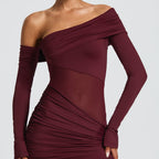 The Elara One-Shoulder Mesh Ruched Slit Maxi Dress