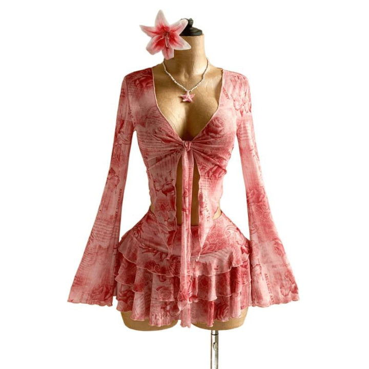 The Elara Romantic Floral Tie-Front Mesh Set
