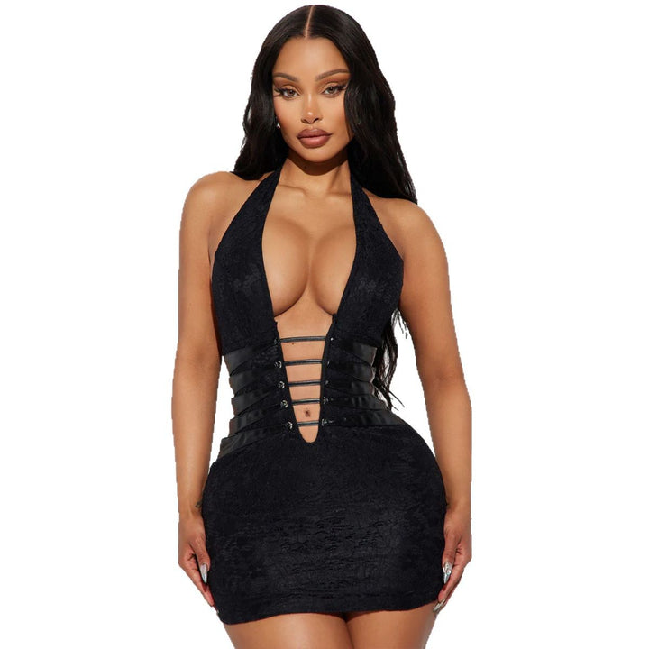 The Elara Lace-Up Plunge Halter Mini Dress
