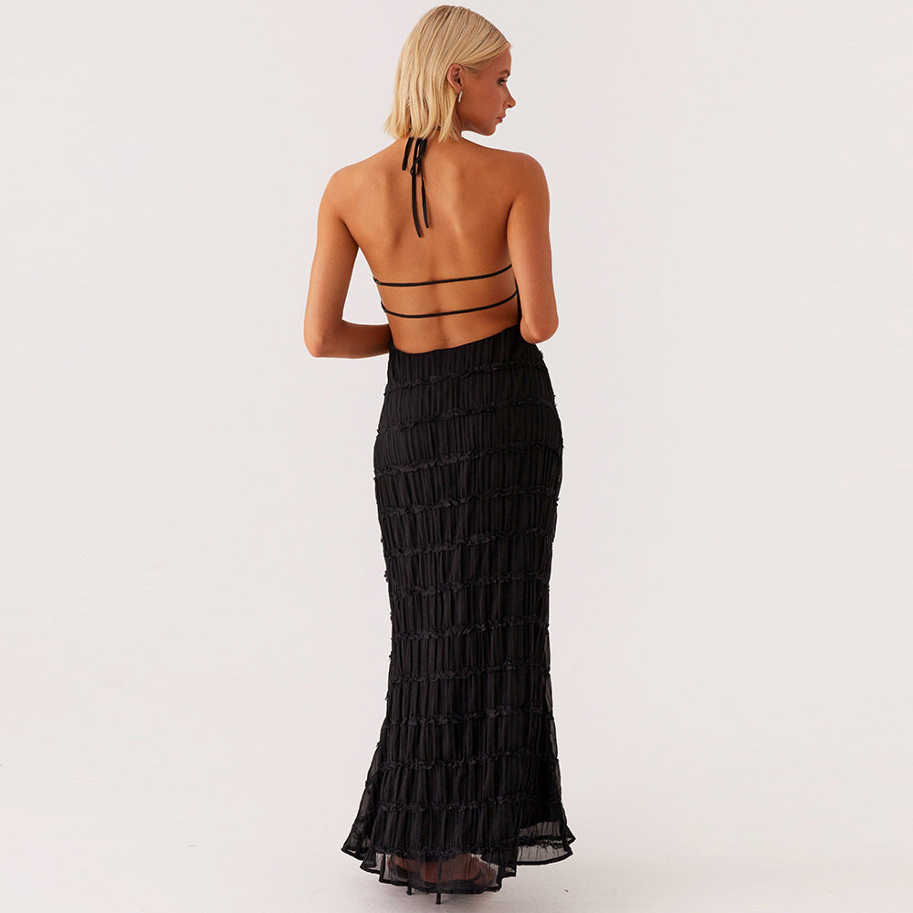 The Elara Tiered Crinkle Halter Maxi Dress