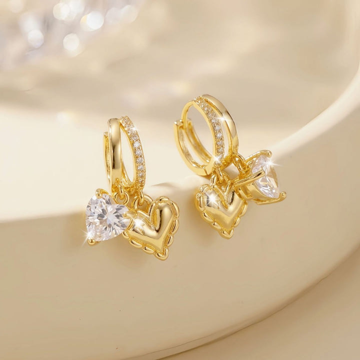 Heart-Charm Zircon Hoop Earrings