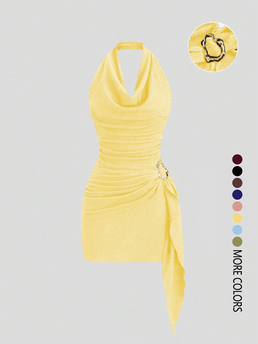 The Elara Cowl Neck Side Tie Mini Dress with Gold Buckle