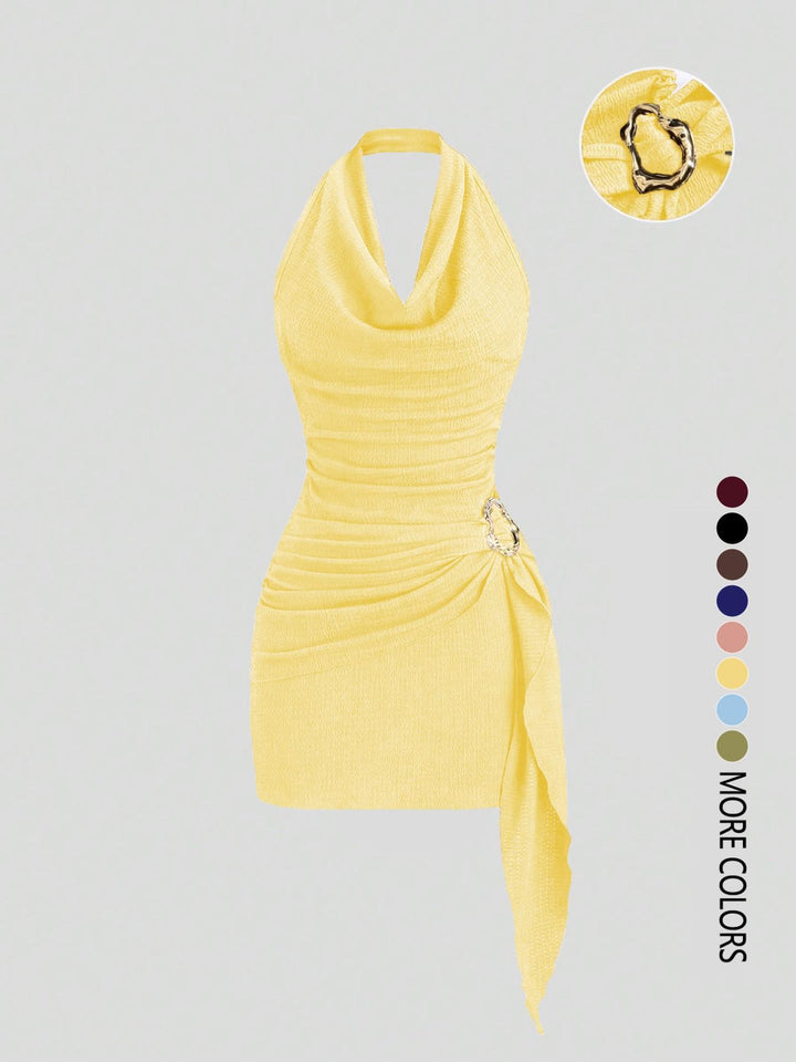The Elara Cowl Neck Side Tie Mini Dress with Gold Buckle