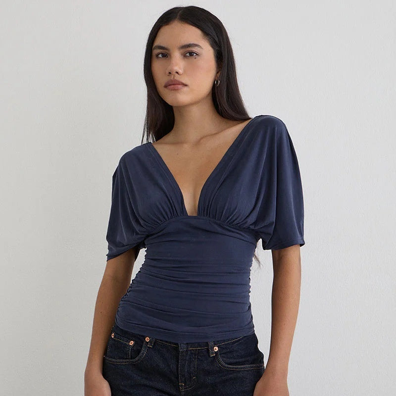The Elara Draped Batwing V-Neck Blouse