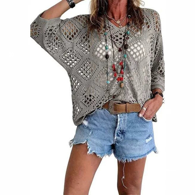 The Elara Boho Crochet V Neck Top