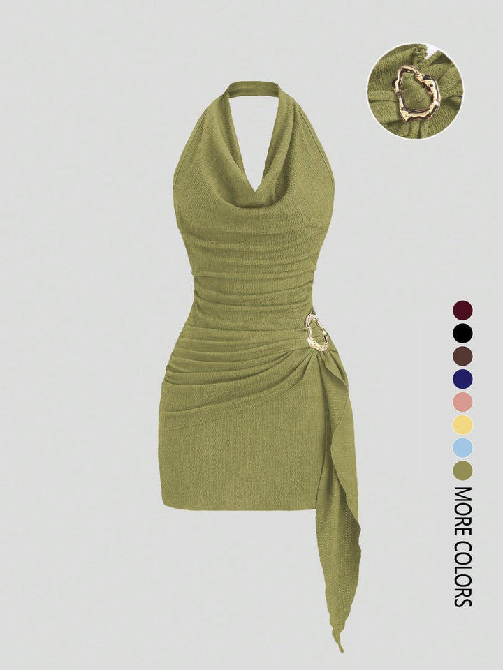 The Elara Cowl Neck Side Tie Mini Dress with Gold Buckle