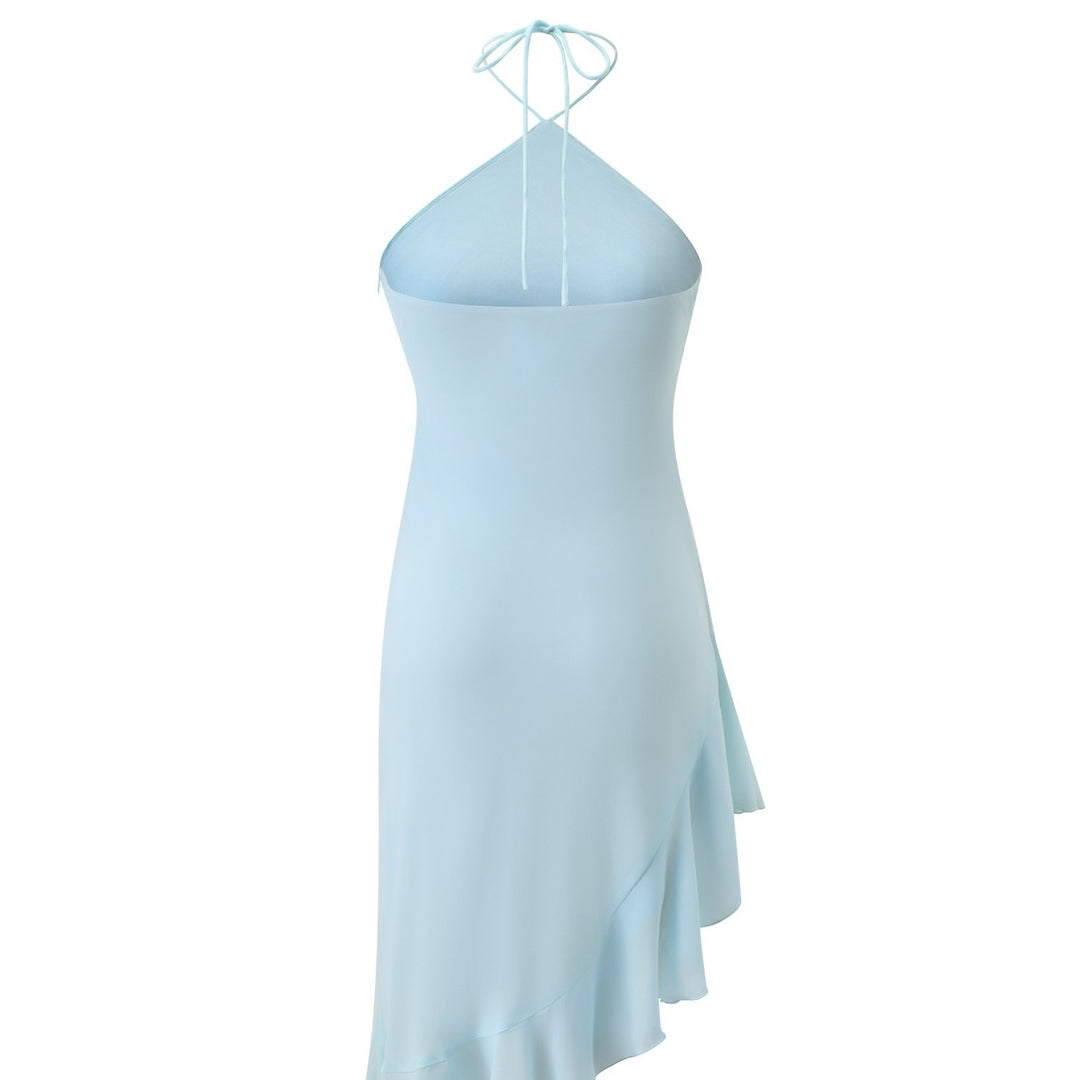 The Elara Mint Asymmetric Halter Ruffle Dress
