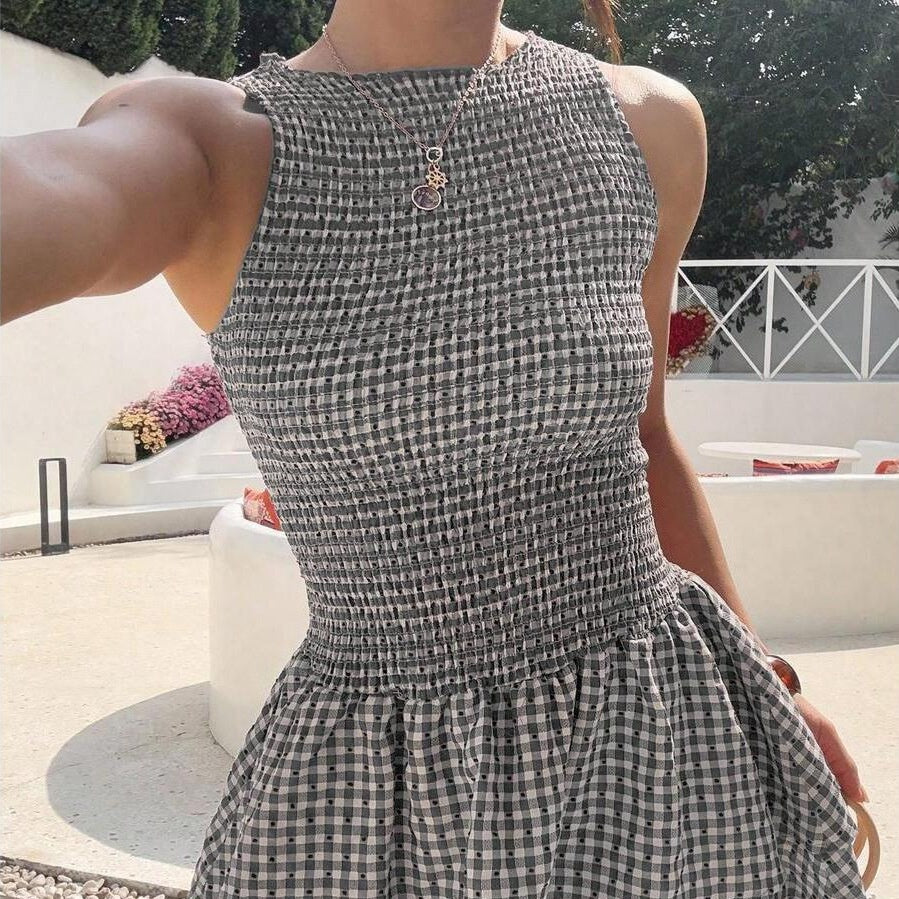 The Elara Riviera Gingham Smocked Mini