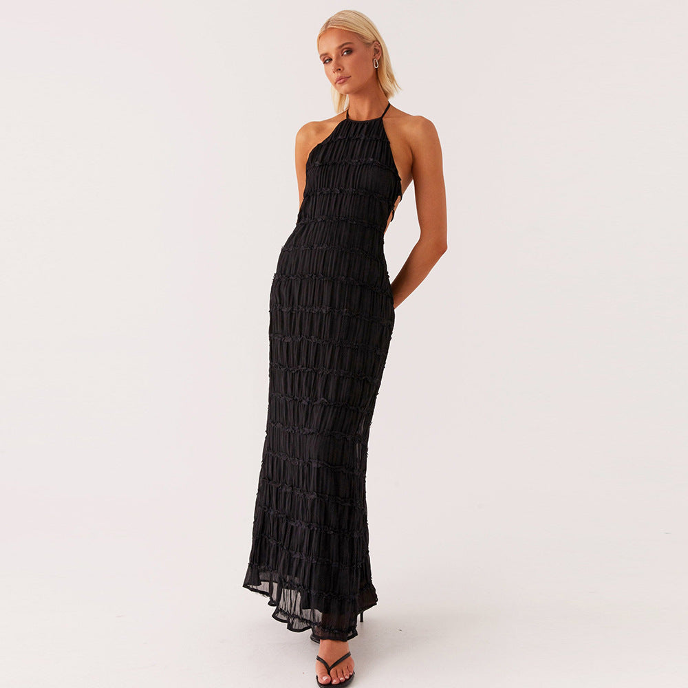 The Elara Tiered Crinkle Halter Maxi Dress