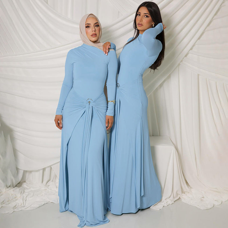 The Elara Ring-Buckle Ruched Maxi Dress