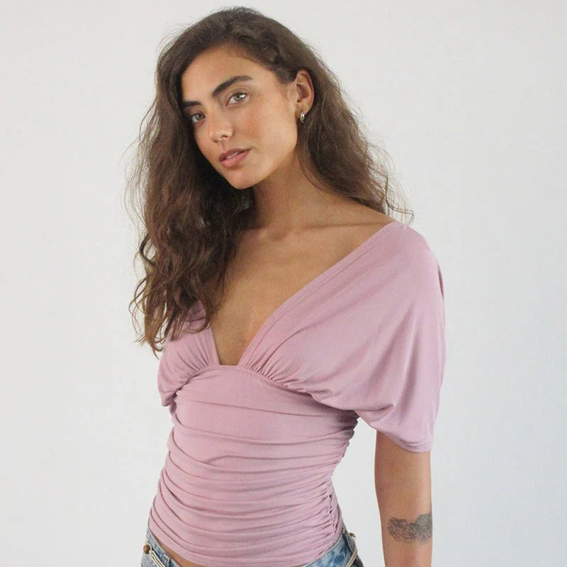 The Elara Draped Batwing V-Neck Blouse