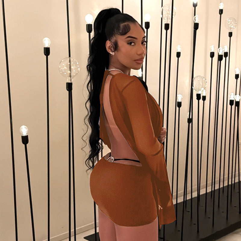The Elara Sheer Mesh Backless Draped Mini Dress