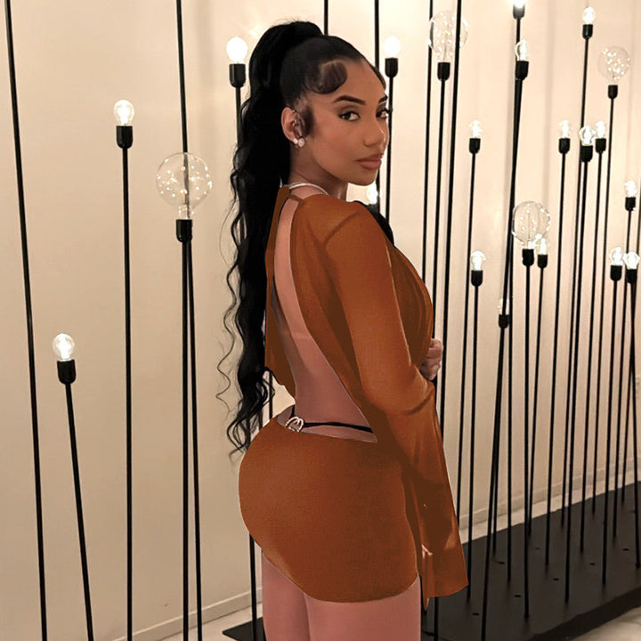 The Elara Sheer Mesh Backless Draped Mini Dress