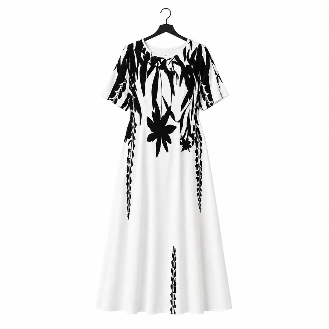 The Elara Monochrome Bloom A-Line Maxi Dress