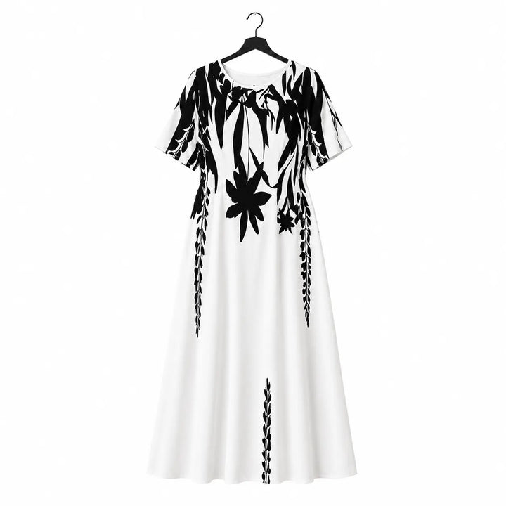The Elara Monochrome Bloom A-Line Maxi Dress