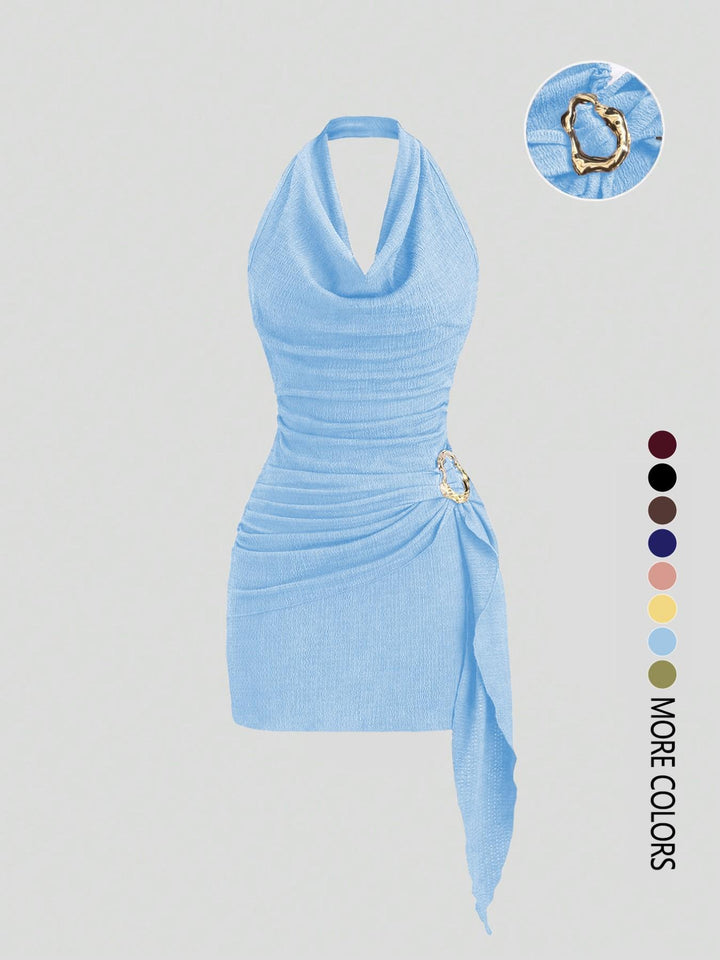 The Elara Cowl Neck Side Tie Mini Dress with Gold Buckle