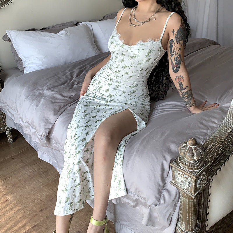 The Elara Ditsy Floral Lace Trim Slip Dress