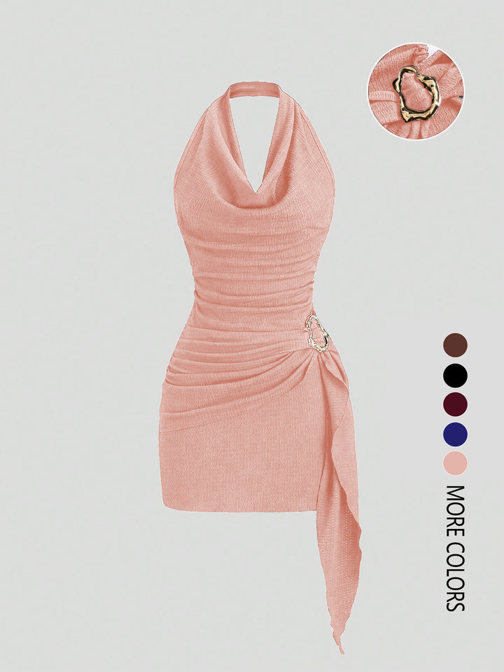 The Elara Cowl Neck Side Tie Mini Dress with Gold Buckle
