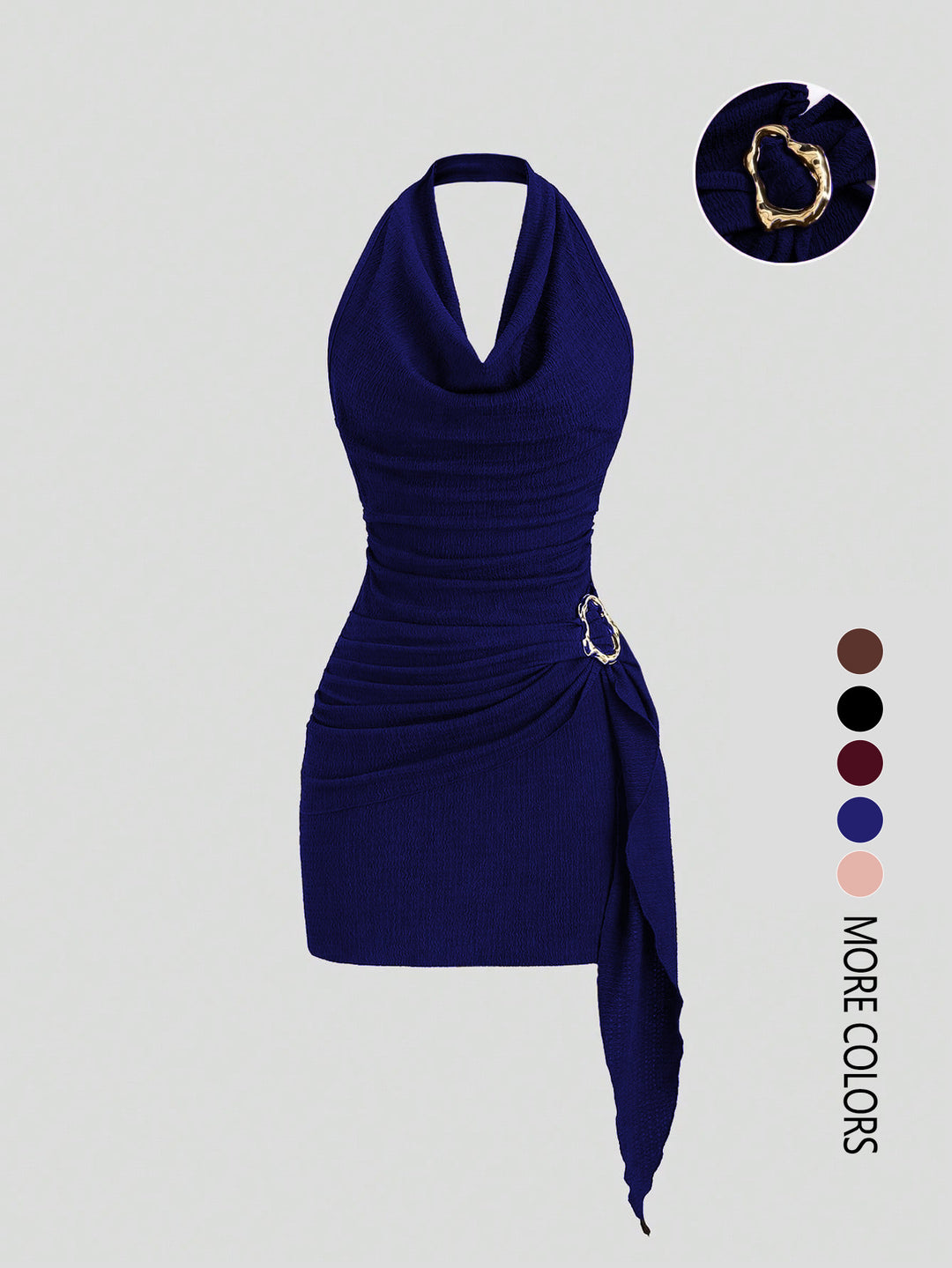 The Elara Cowl Neck Side Tie Mini Dress with Gold Buckle