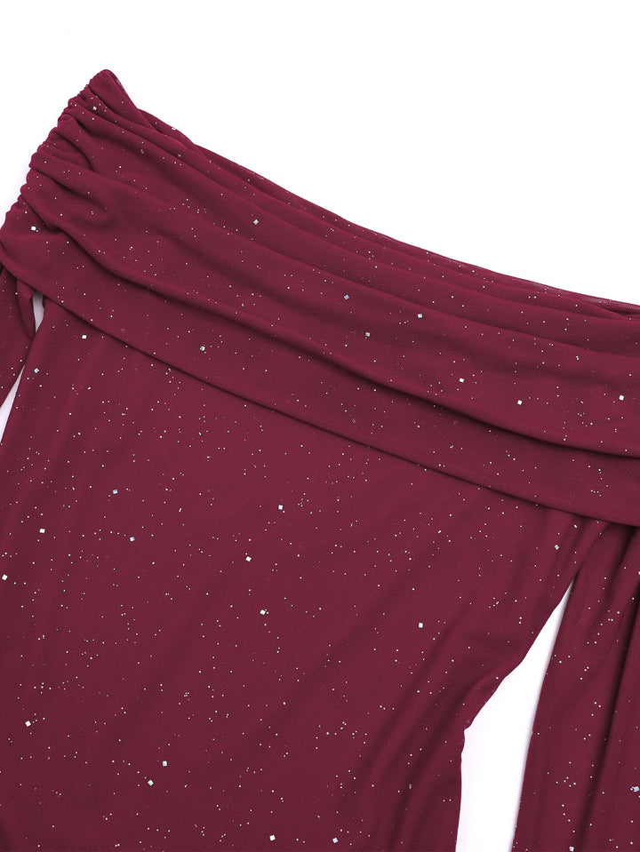 The Elara Stardust Off Shoulder Ruched Maxi Dress