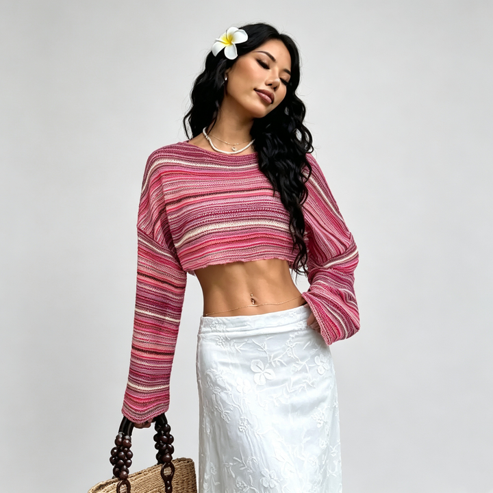 The Elara Striped Flare-Sleeve Knit Top