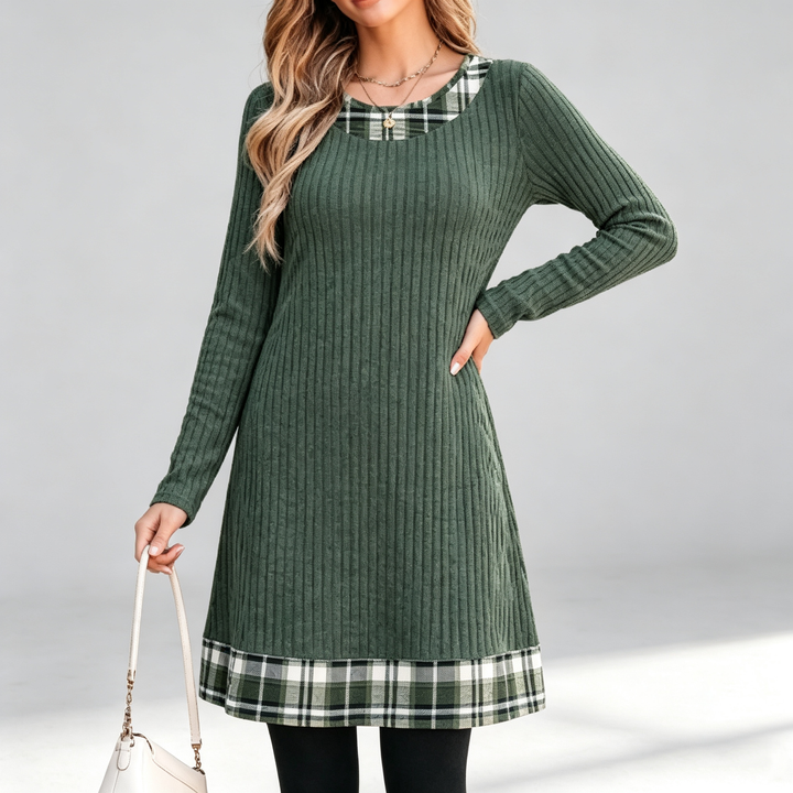 The Elara Plaid-Trim Ribbed Mini Dress