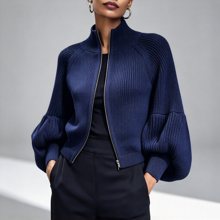 The Elara Balloon-Sleeve Zip Knit Cardigan