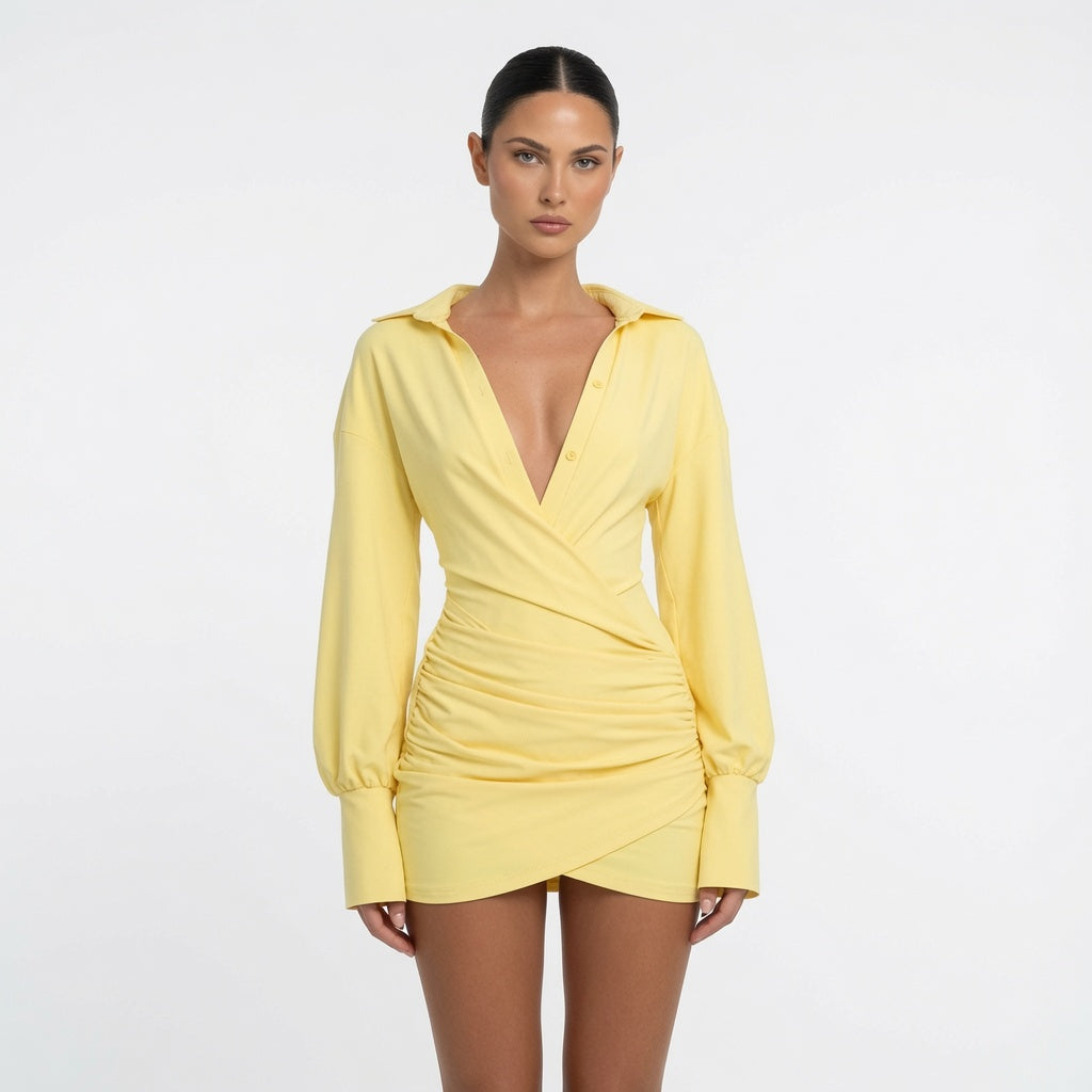 The Elara Ruched Wrap Shirt Mini Dress