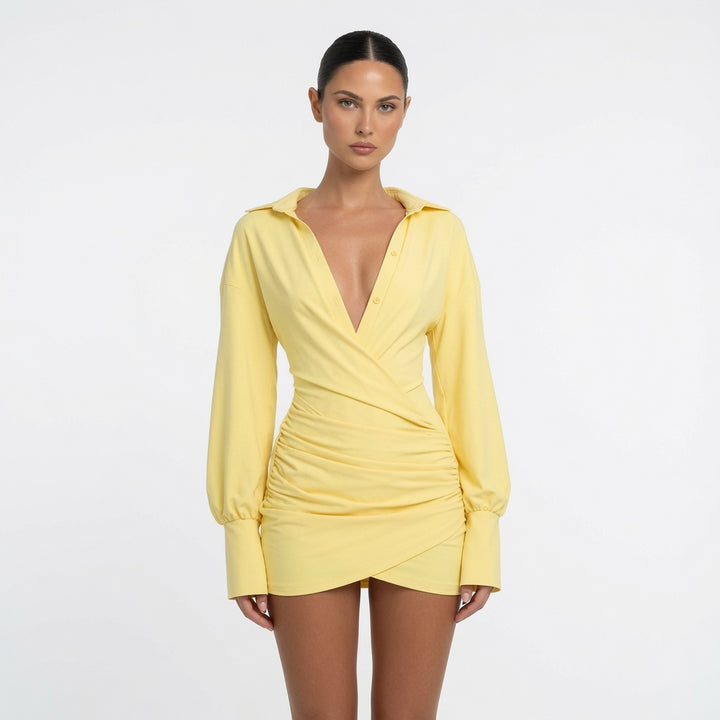The Elara Ruched Wrap Shirt Mini Dress