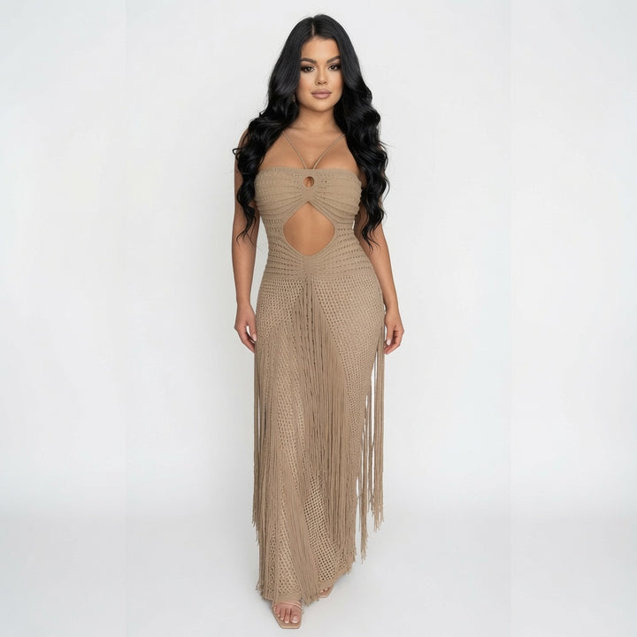 The Elara Boho Fringe Cutout  Crochet  Maxi Dress