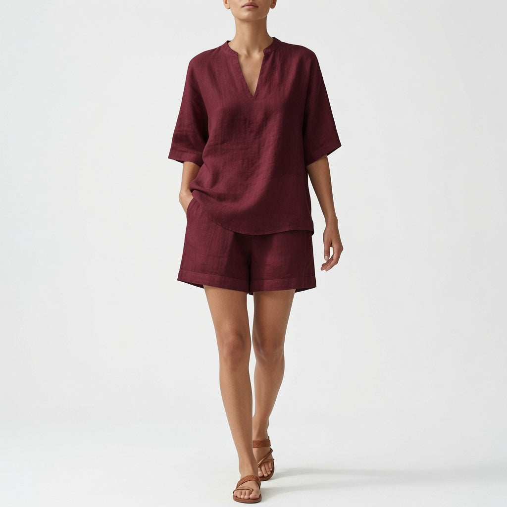 The Elara Linen Breeze Deep V Two Piece Set
