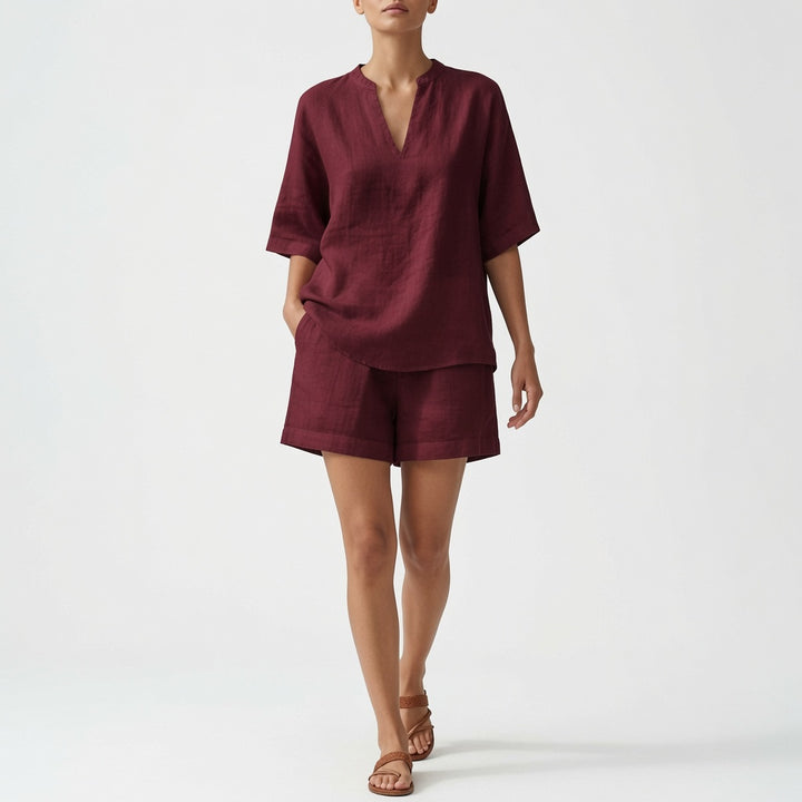 The Elara Linen Breeze Deep V Two Piece Set