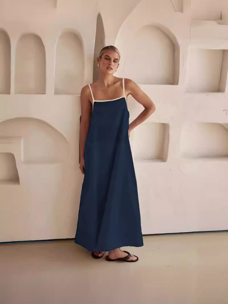 The Elara Contrast Trim Linen Maxi Dress