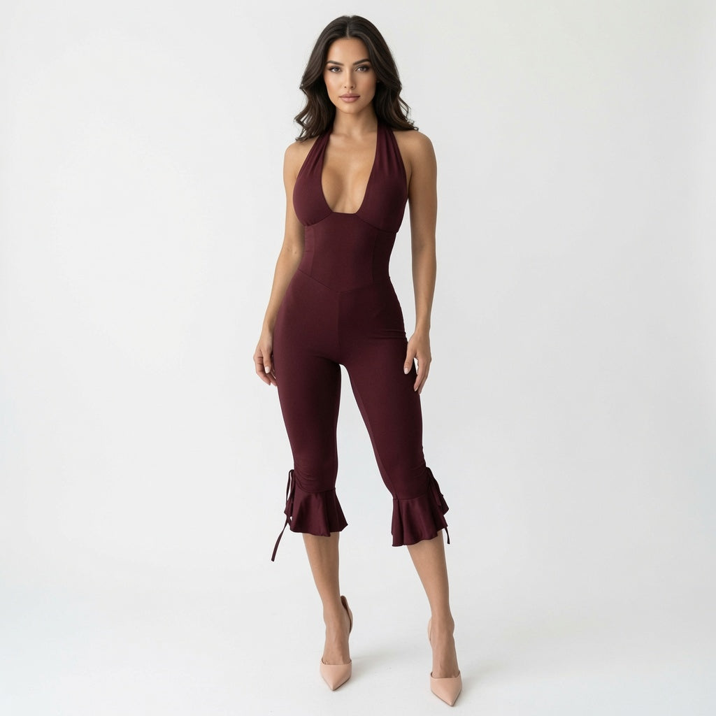 The Elara Deep V  Ruffle Flare Capri Jumpsuit