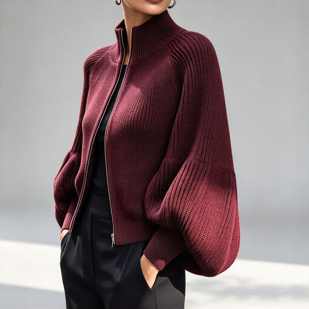 The Elara Balloon-Sleeve Zip Knit Cardigan