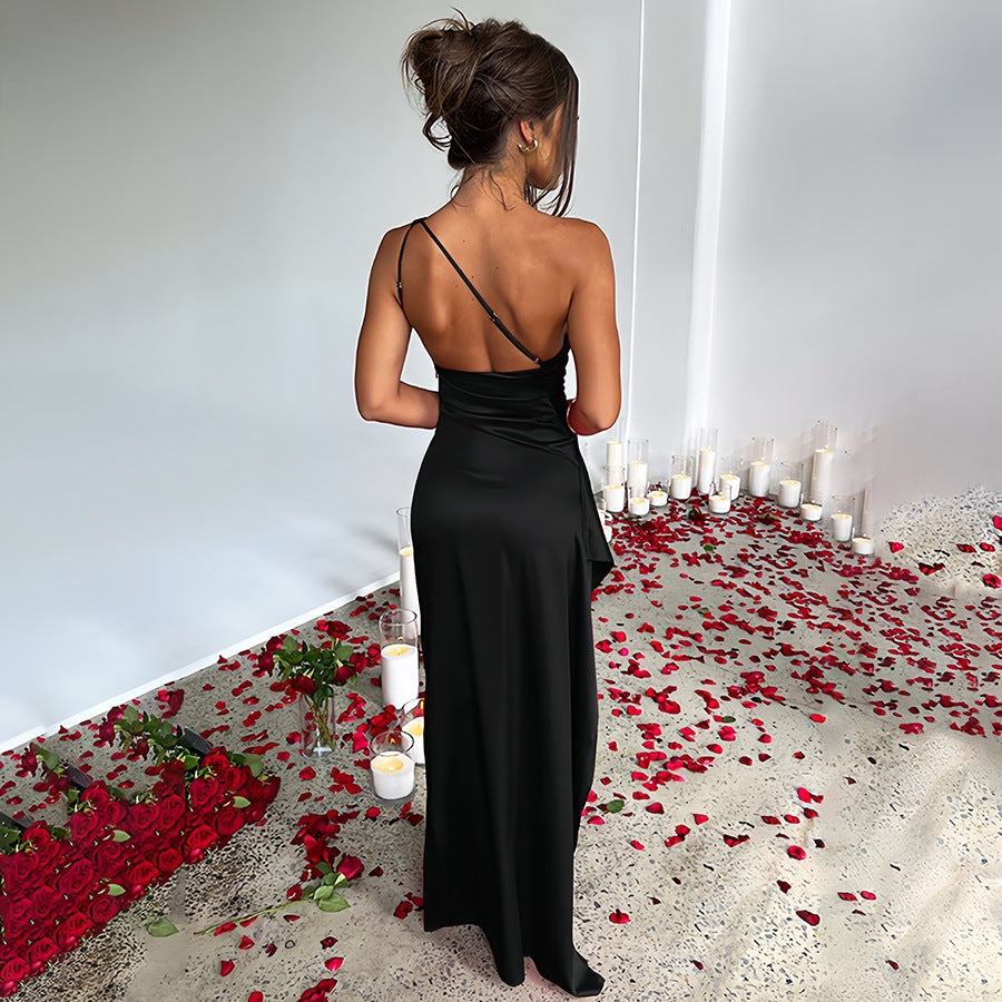 The Elara One Shoulder Satin Ruched Maxi Dress
