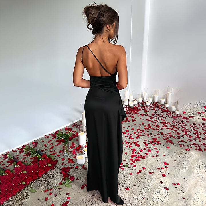The Elara One Shoulder Satin Ruched Maxi Dress
