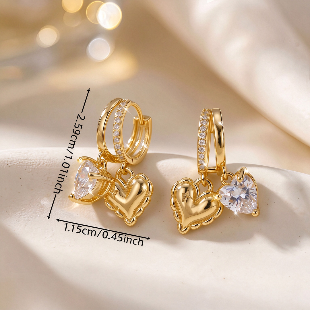 Heart-Charm Zircon Hoop Earrings